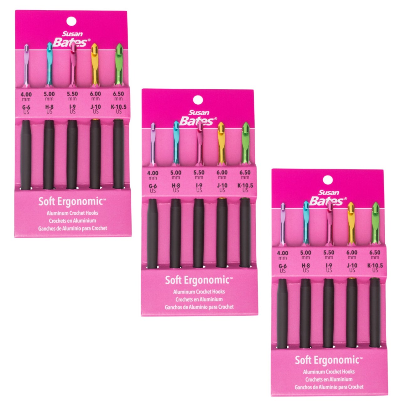 Multipack of 3 - Susan Bates Silvalume Soft Ergonomic Crochet Hook Set-Sizes G6/4mm To K10.5/6.5mm